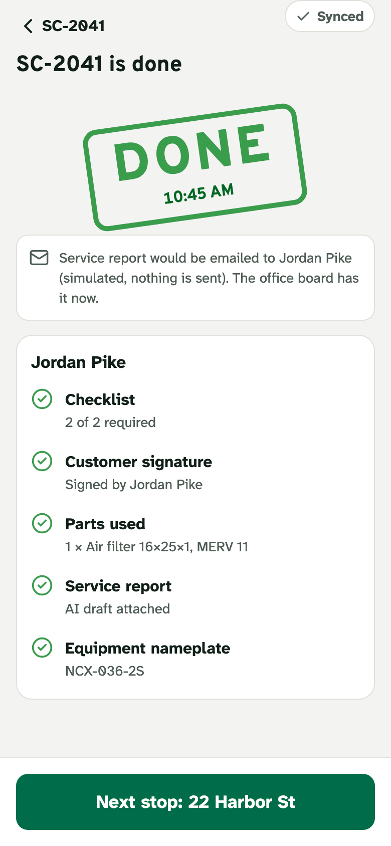 A completed job on the phone with a DONE stamp and its checklist, sign-off, photos and report.