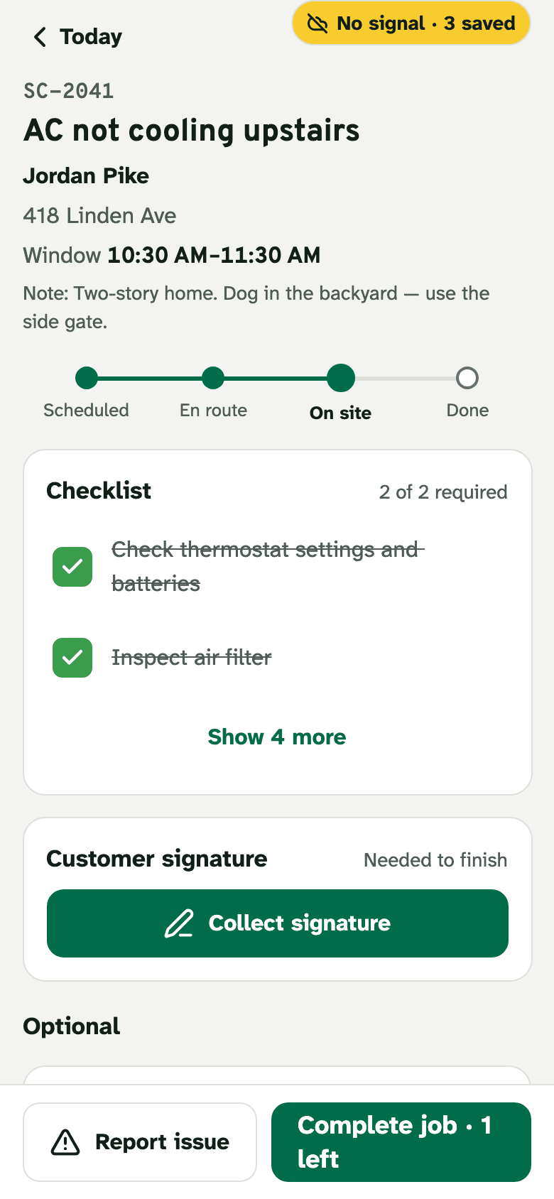 A service call open on the phone with no signal: the required checklist items ticked and saved on the phone.