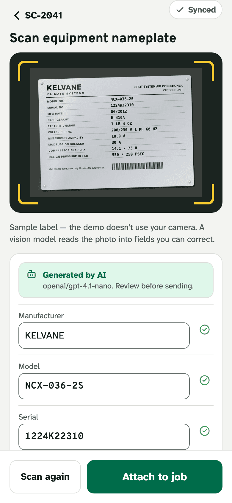 A sample equipment nameplate in the scanner, with the fields a vision model read from it.