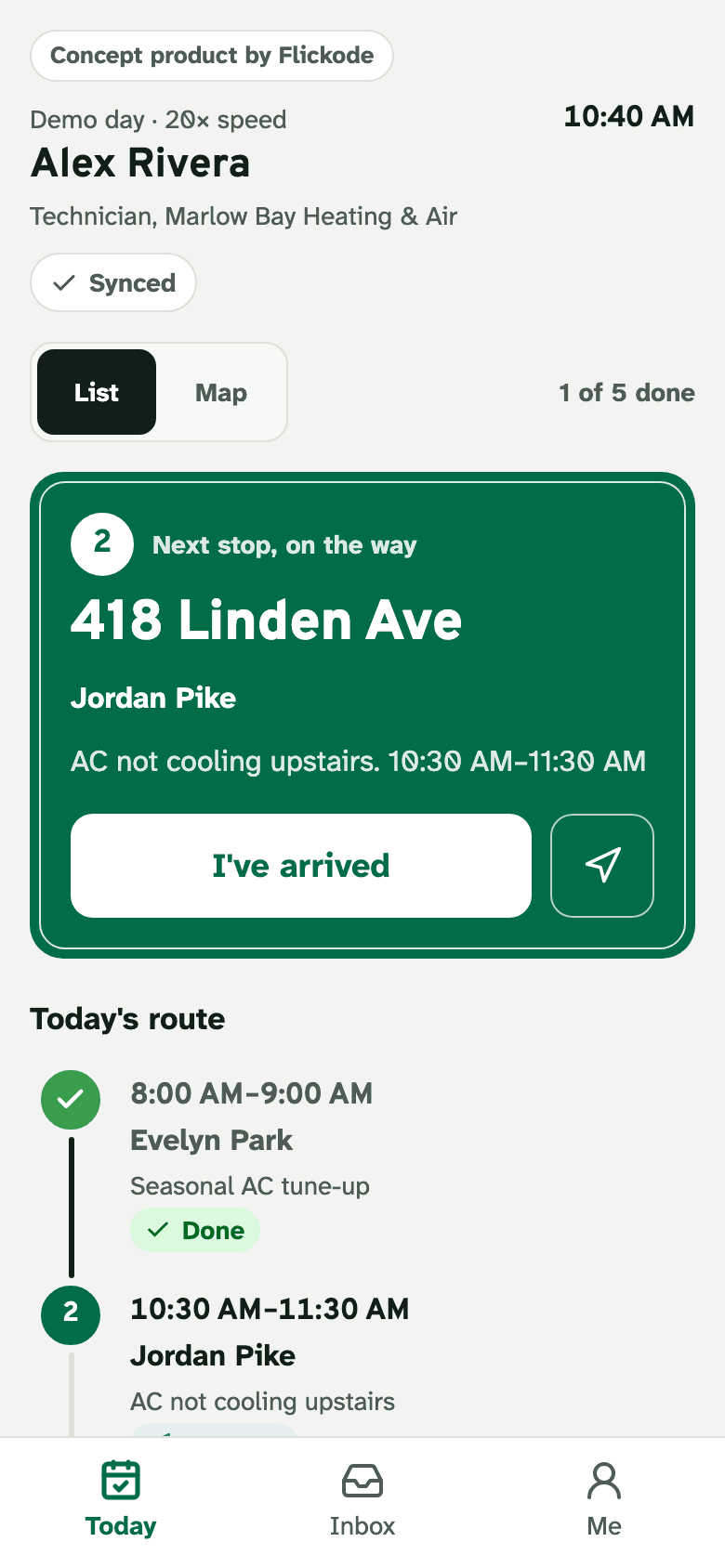 The Stopwise app on a technician's phone: today's route with the next stop and an I've arrived button.