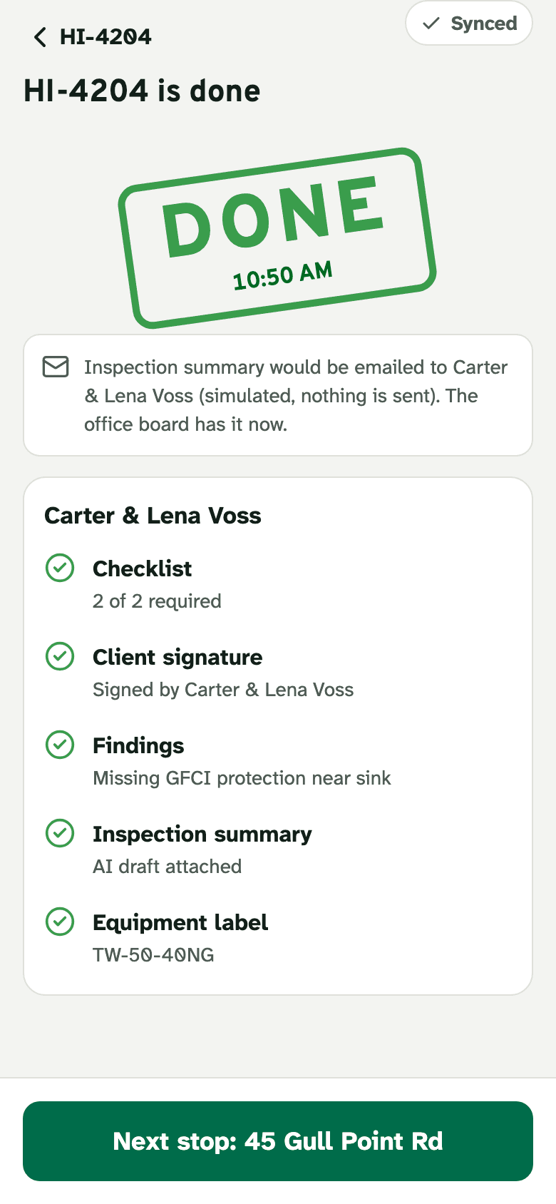 A completed job on the phone with a DONE stamp and its checklist, sign-off, photos and report.