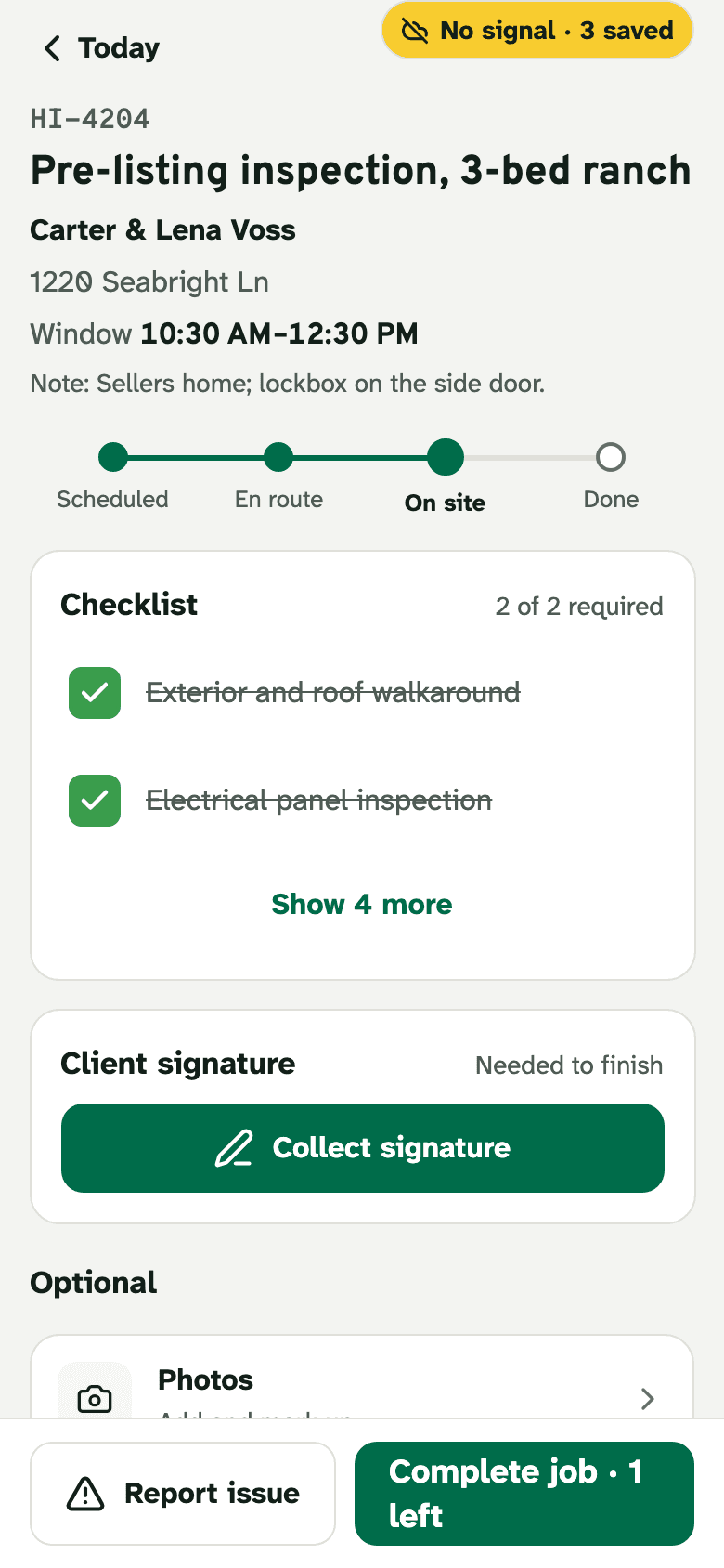 A inspection open on the phone with no signal: the required checklist items ticked and saved on the phone.