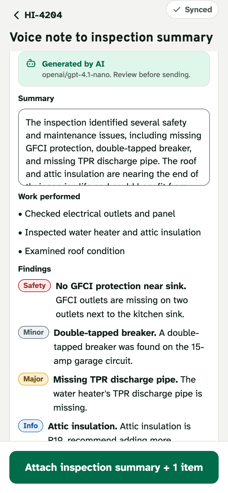 An AI-generated inspection summary on the phone, labeled with the model that wrote it.