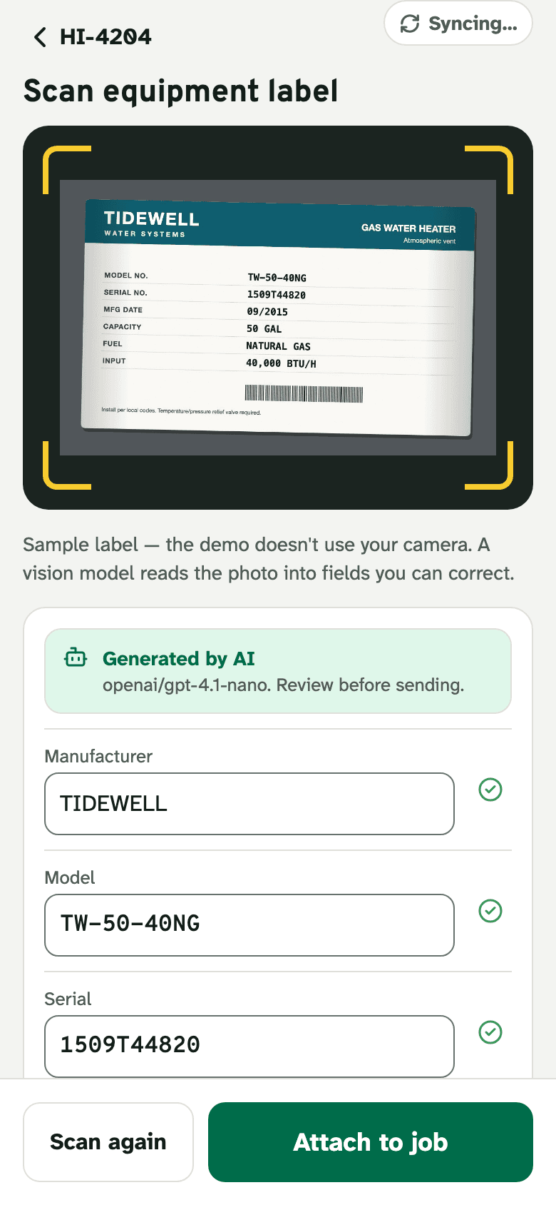 A sample equipment label in the scanner, with the fields a vision model read from it.