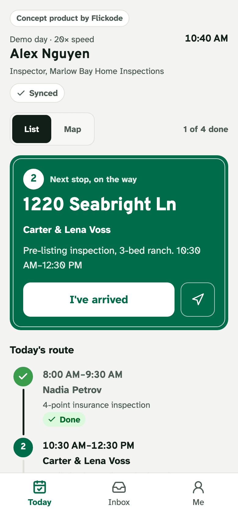The Stopwise app on a inspector's phone: today's route with the next stop and an I've arrived button.