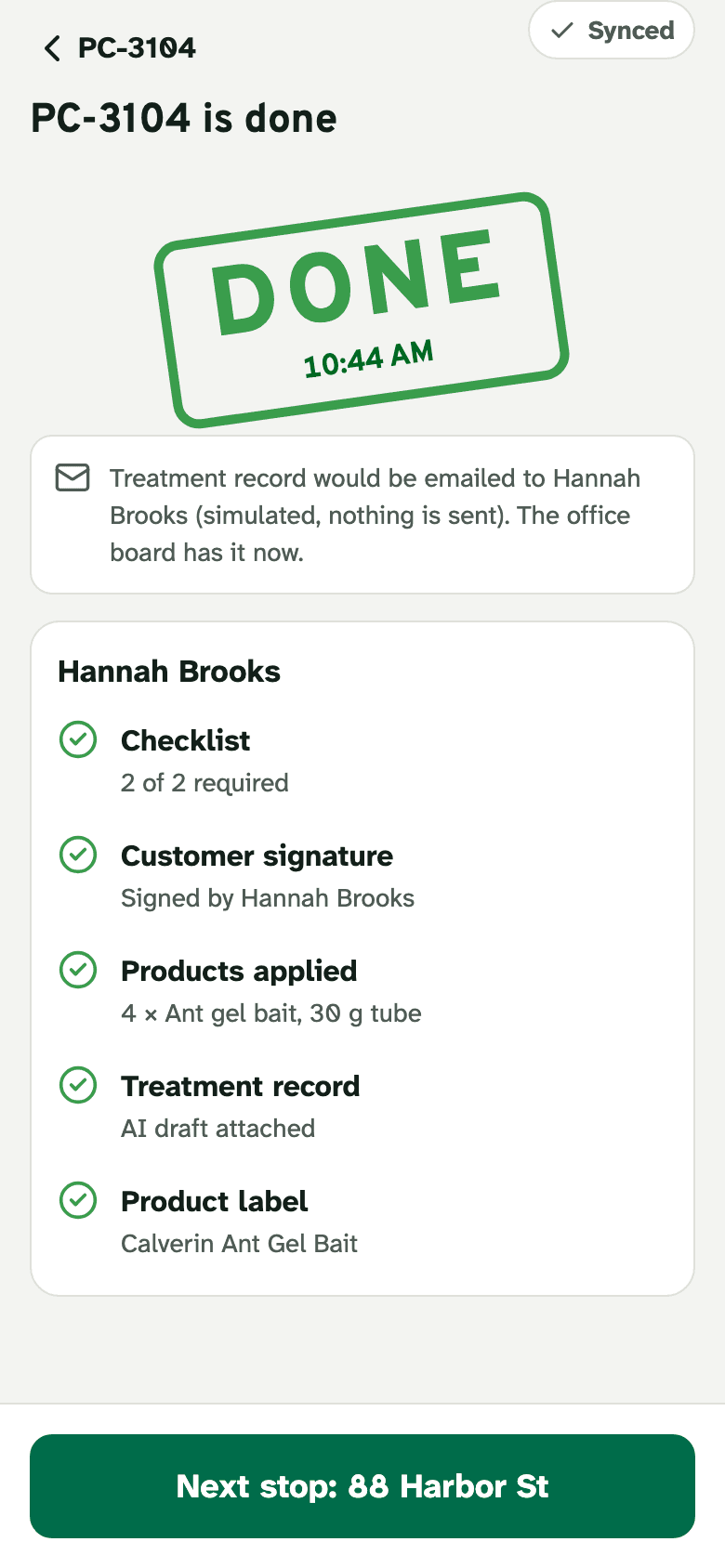 A completed job on the phone with a DONE stamp and its checklist, sign-off, photos and report.