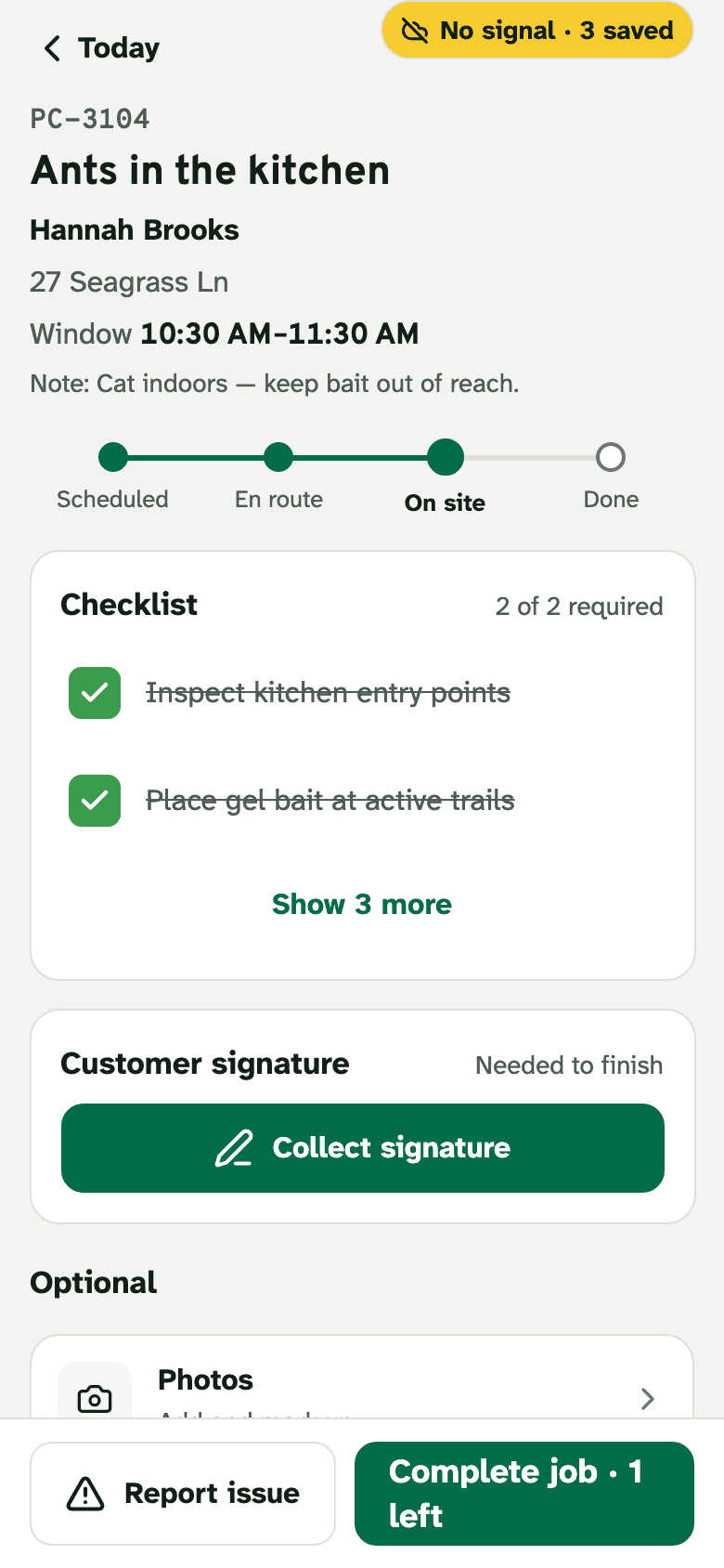 A service visit open on the phone with no signal: the required checklist items ticked and saved on the phone.