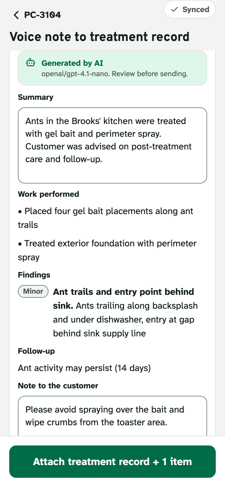 An AI-generated treatment record on the phone, labeled with the model that wrote it.