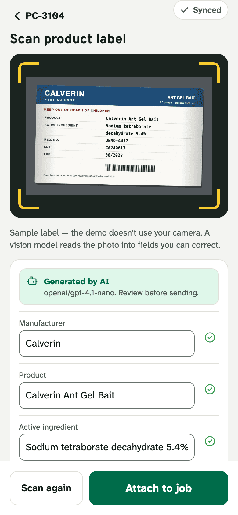 A sample product label in the scanner, with the fields a vision model read from it.