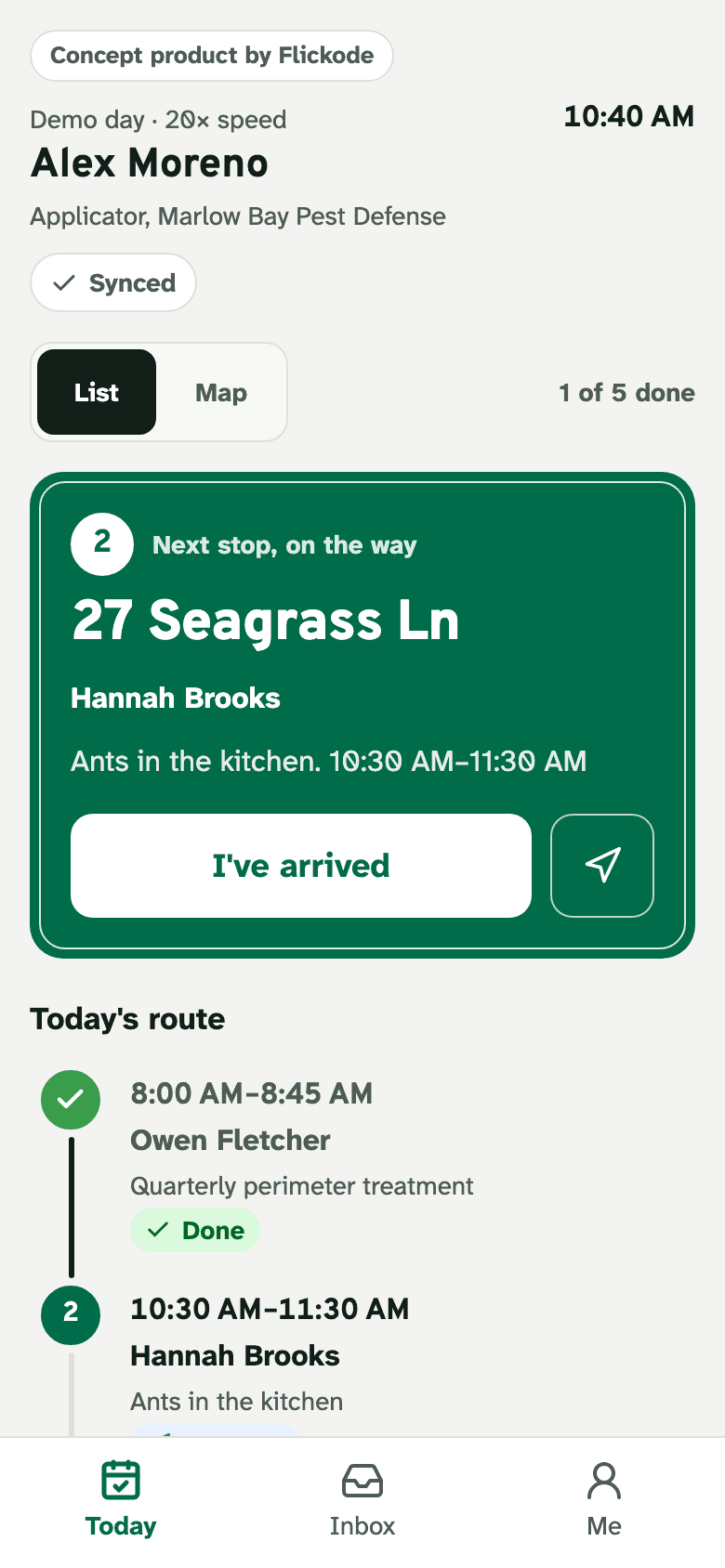 The Stopwise app on a applicator's phone: today's route with the next stop and an I've arrived button.