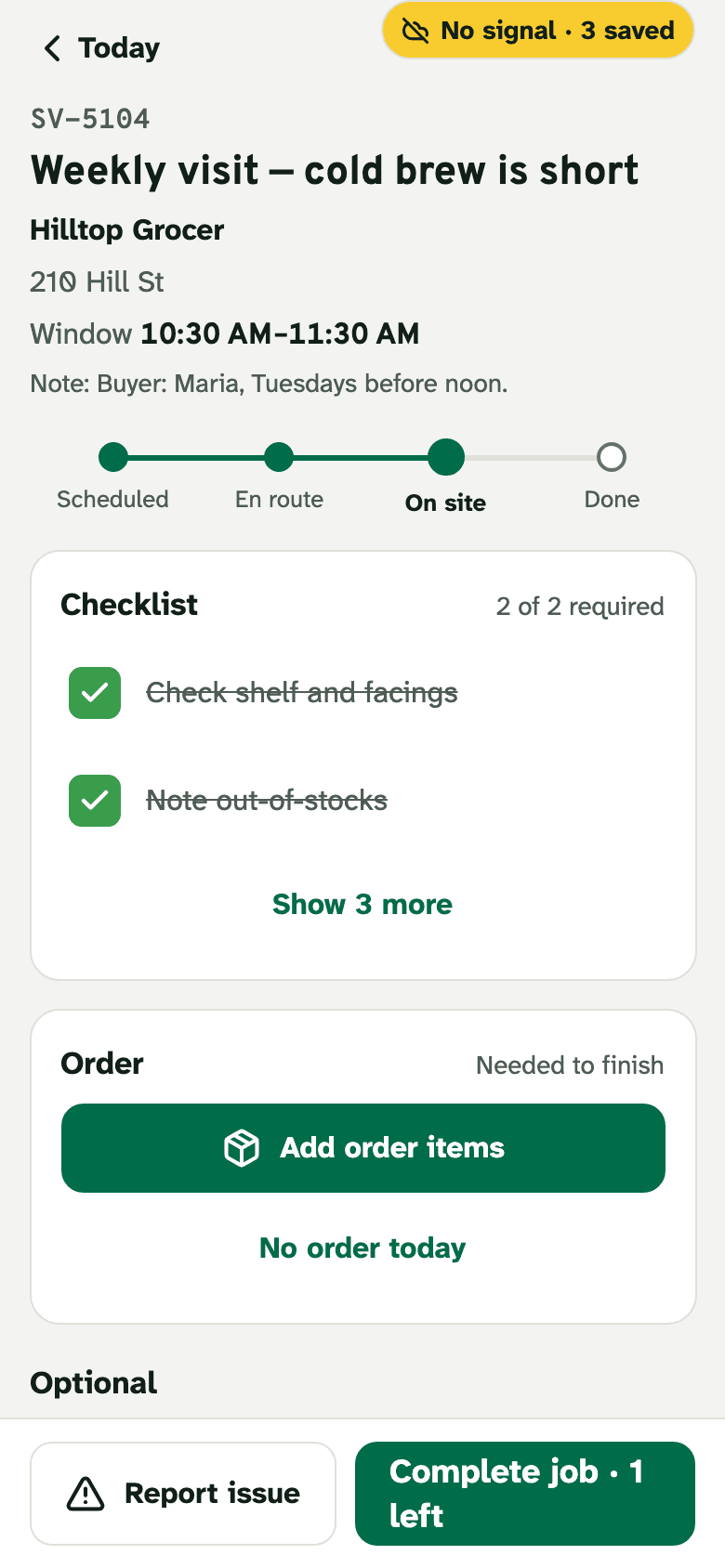 A store visit open on the phone with no signal: the required checklist items ticked and saved on the phone.