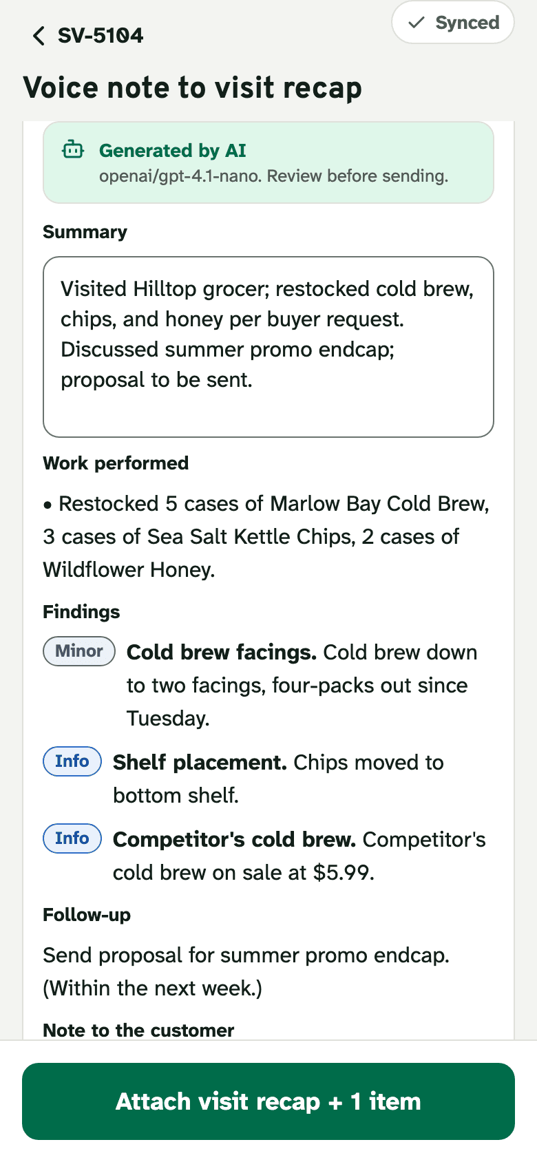 An AI-generated visit recap on the phone, labeled with the model that wrote it.