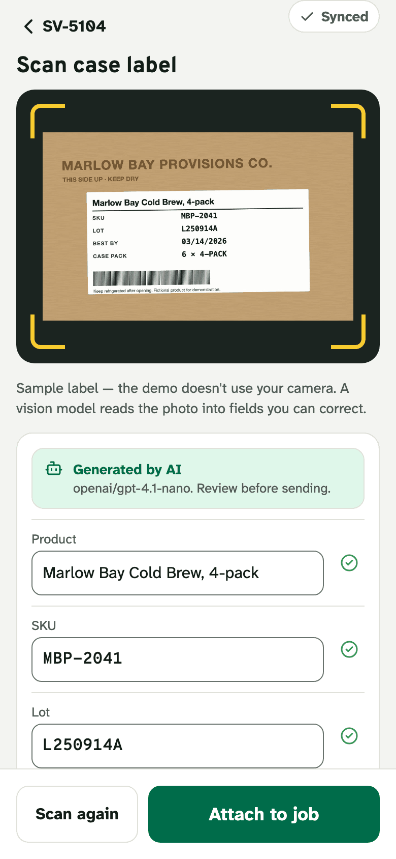 A sample case label in the scanner, with the fields a vision model read from it.