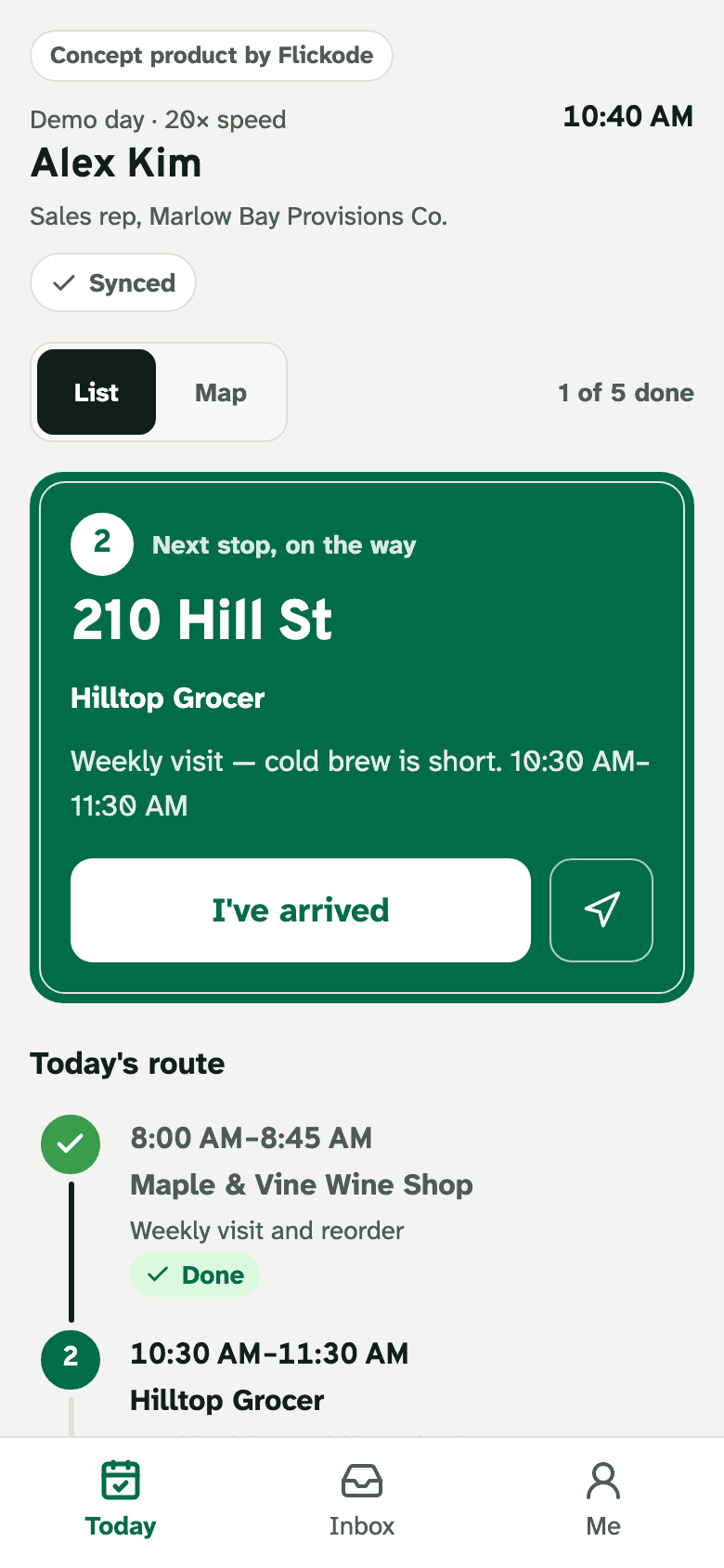The Stopwise app on a sales rep's phone: today's route with the next stop and an I've arrived button.